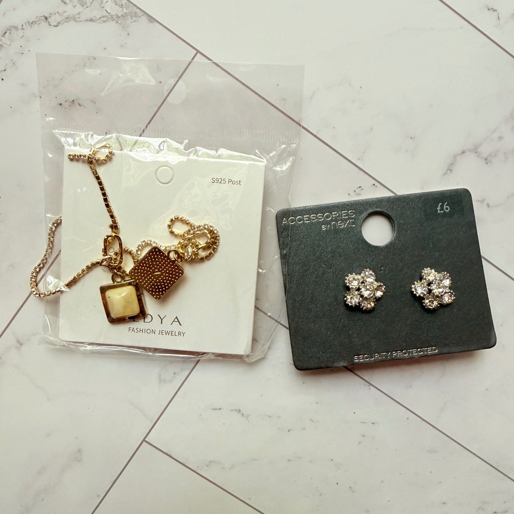 Next Crystal Flower Stud Earrings and DYA Gold Tone Charm Necklace Jewelry Set